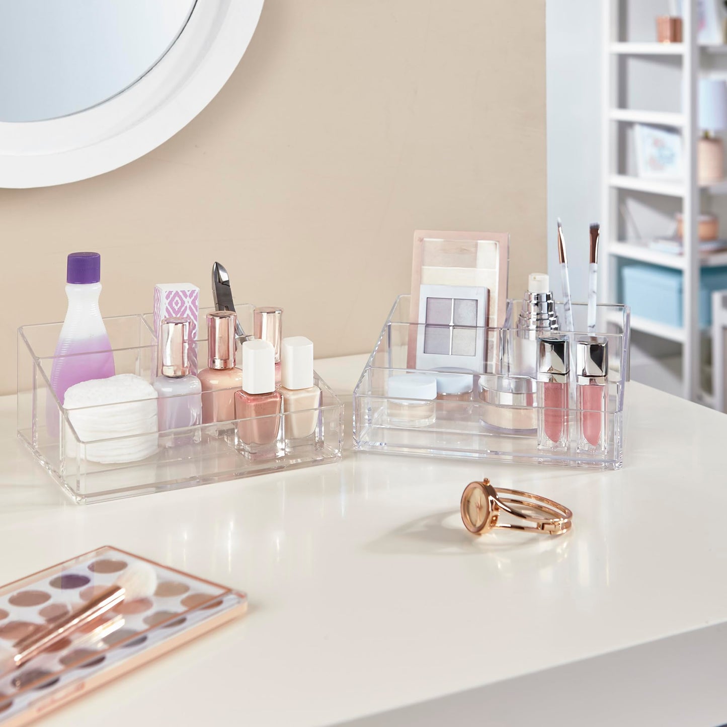 STORi Clear Plastic Small Countertop Vanity Makeup Organizer, Compact Rectangular 4-Compartment Holder for Brushes, Eyeshadow Palettes, & Beauty Supplies, Made in USA