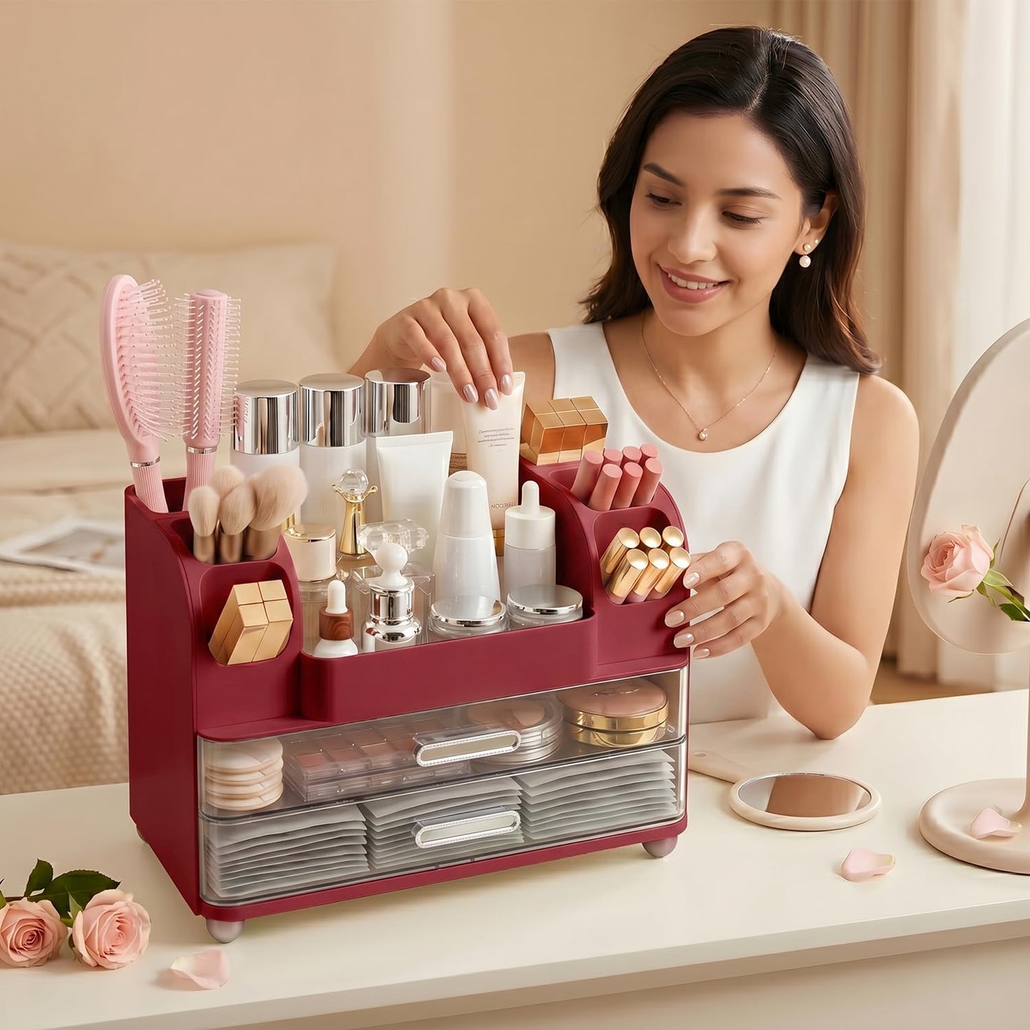Brothersbox Makeup Organizer for Vanity with 2 Large Drawers and 6 Brush Holders, Large Bathroom Countertop Cosmetic Storage for Skincare, Lipstick, Nail Polish, Perfume, Gift for Women, Red