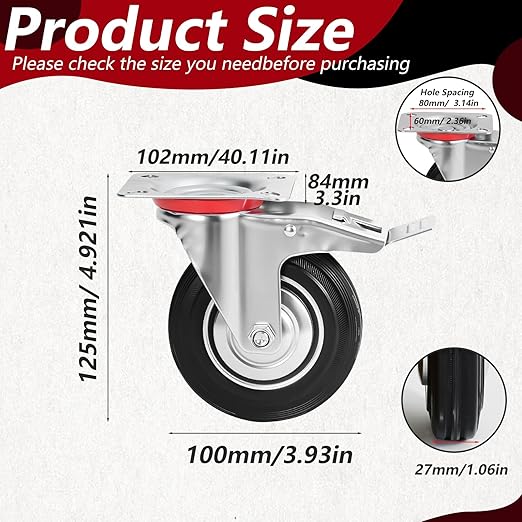 4 Inch Caster Wheels Set of 4, Heavy Duty Casters with Brake, Rubber Locking Casters for Cart, Workbench,Black (4"(2 Fixed+ 2 Swivel with Brake), 4)