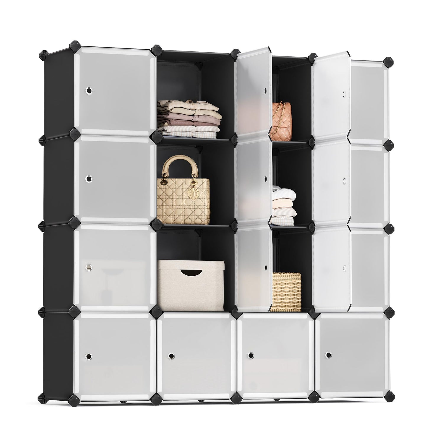 SONGMICS Cube Storage Organizer, Set of 16 Plastic Cubes, Closet Storage Shelves, DIY Plastic Closet Cabinet, Modular Bookcase, Shelving with Doors for Bedroom, Living Room, Black and White ULPC44HS