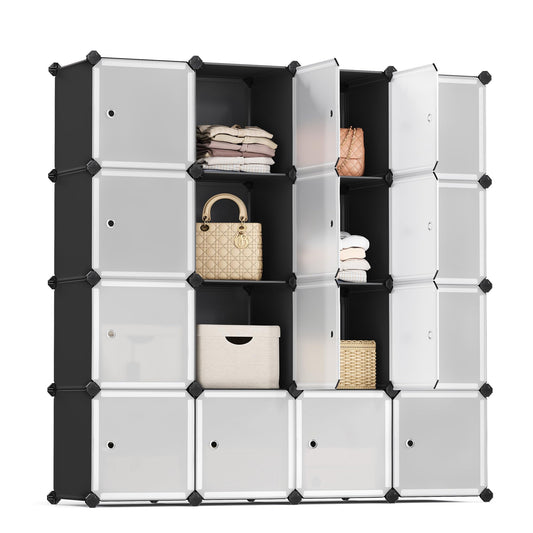 SONGMICS Cube Storage Organizer, Set of 16 Plastic Cubes, Closet Storage Shelves, DIY Plastic Closet Cabinet, Modular Bookcase, Shelving with Doors for Bedroom, Living Room, Black and White ULPC44HS