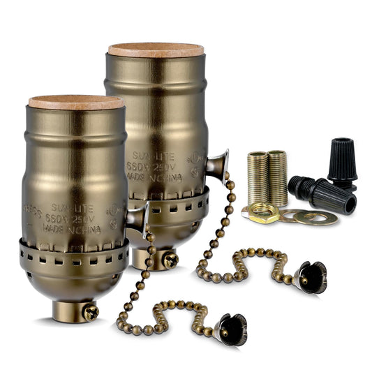 Pull Chain Light Socket Replacement, E26 Standard Screw Lamp Socket, Bulb Socket with Pull Chain Lamp Switch for Table and Floor Lamp, UL Listed (2, Antique Brass)