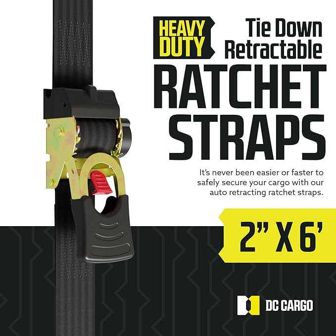 DC Cargo Mall Auto Retractable Ratchet Straps (2-Pack) 2” x 6ft, Super Heavy Duty, 4,033lb Break Strength – Tie Down Straps for Cargo, Truck, Trailer, Boats
