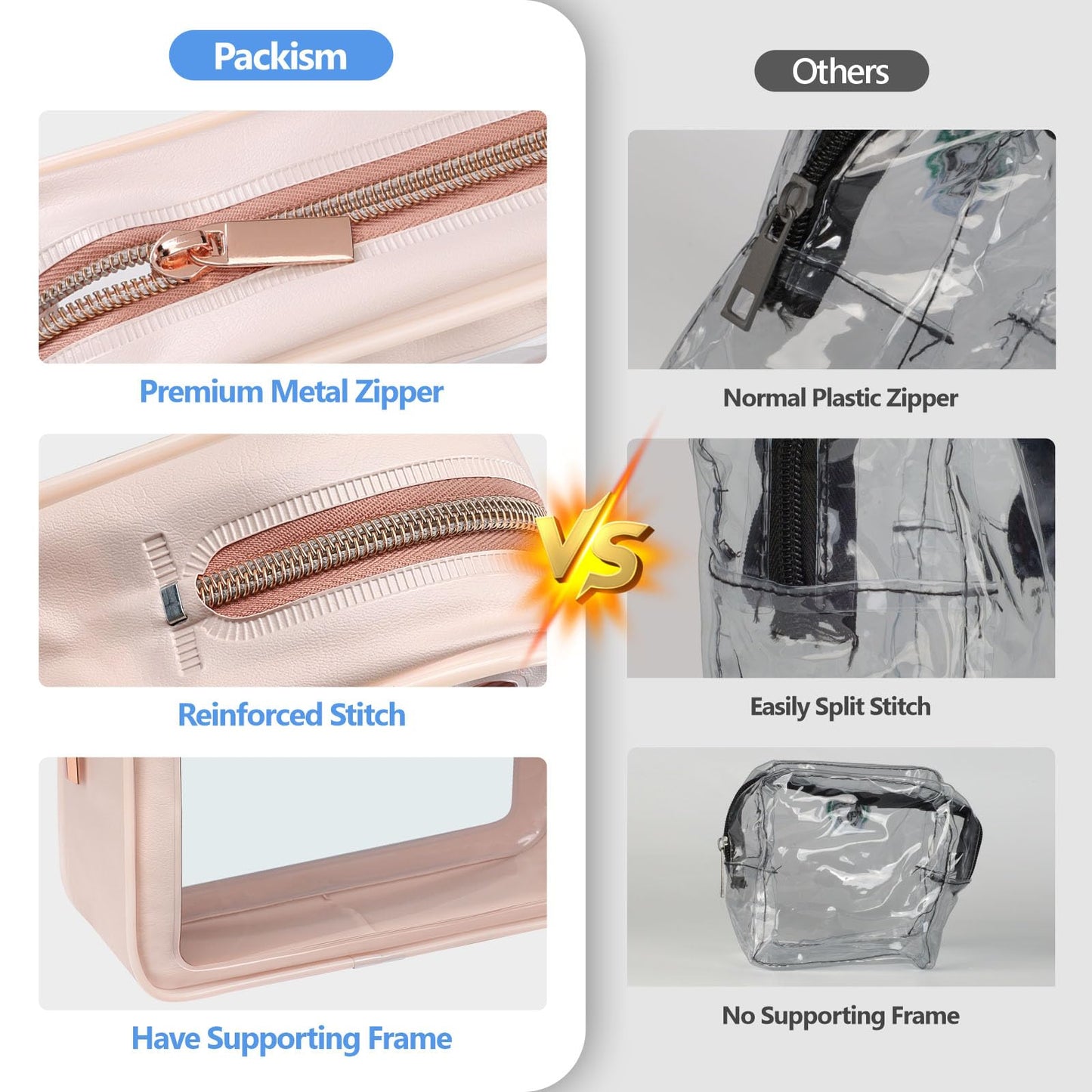 PACKISM Clear Makeup Bag 3 Pack Medium - Foldable TSA Approved Toiletry Bag Quart Size for Travel Bottles, Water Resistant Multipurpose Car Storage Organizer with Reinforced Seams, Pink