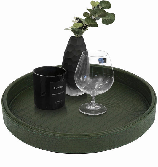 HofferRuffer Faux Leather Round Serving Tray, Vegan Croco Leather Decorative Tray, Food Tray for Storage Drinks, Snack & Cosmetics, Dia.12'' x 1.6'' (Green)