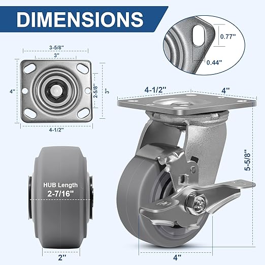 4"x2" Rubber Wheels (Flat Tread)- Heavy Duty Casters, Industrial Caster Wheels- Set of 4 with up to 2800 LB Capacity- Use for Dollies, Workbench(2 Brake &2 Rigid)