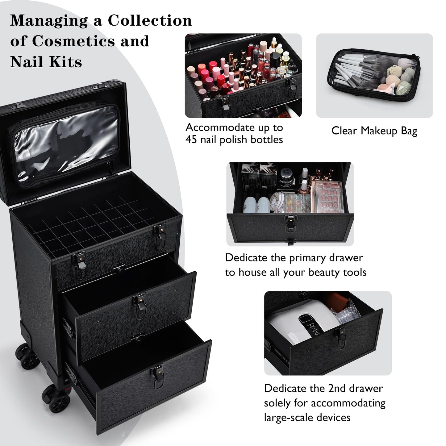 Faquenc Rolling Makeup Train Case with 2 Extra Large Drawers Nail Organizer Case with Wheels Traveling Cosmetology Case with Makeup Pouch for Mobile Stylist Artists Nail Salon Cart Trunk Black