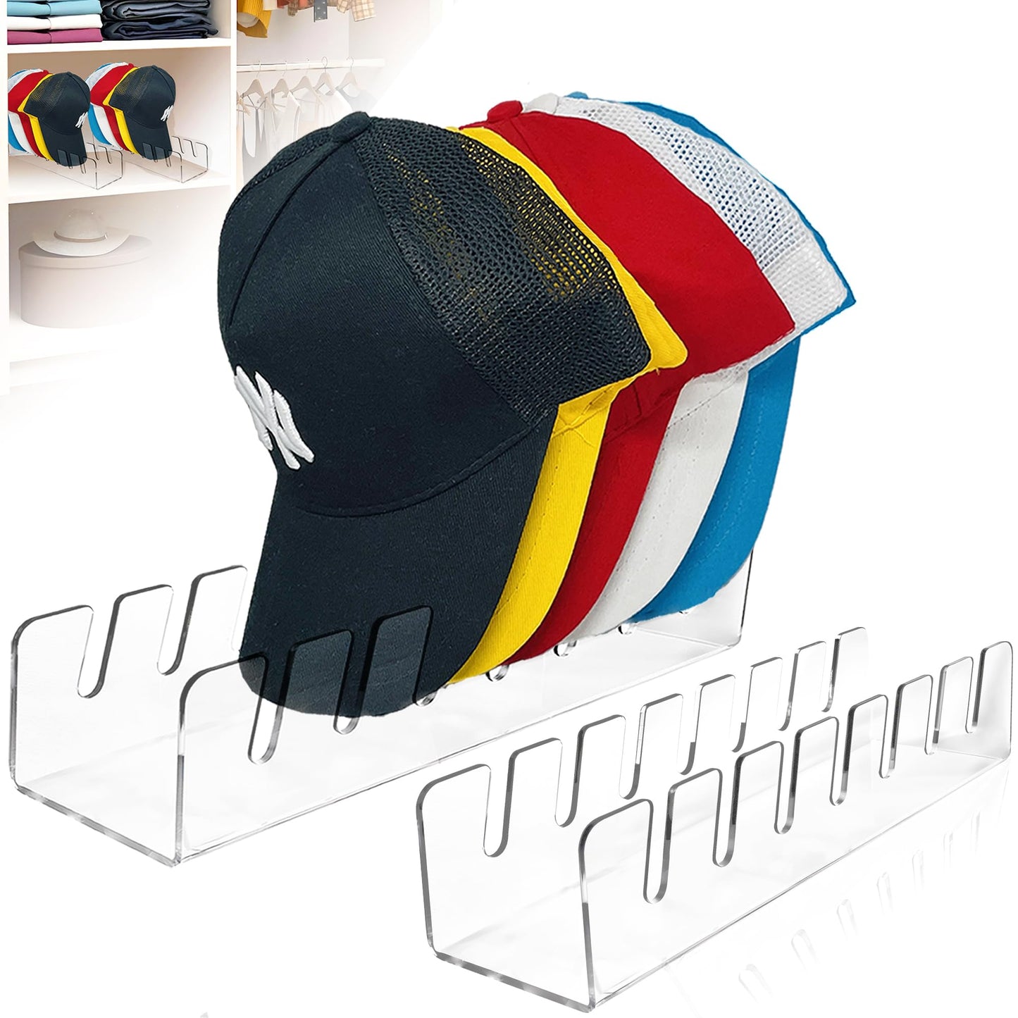 nipalensis Baseball Cap Organizer 2-Pack | Clear Acrylic Hat Rack for Closet | Space-Saving, Baseball Hat Organizer Not Fit for wall, Cap Holder Display Solution, Hat Organizer for Baseball Caps