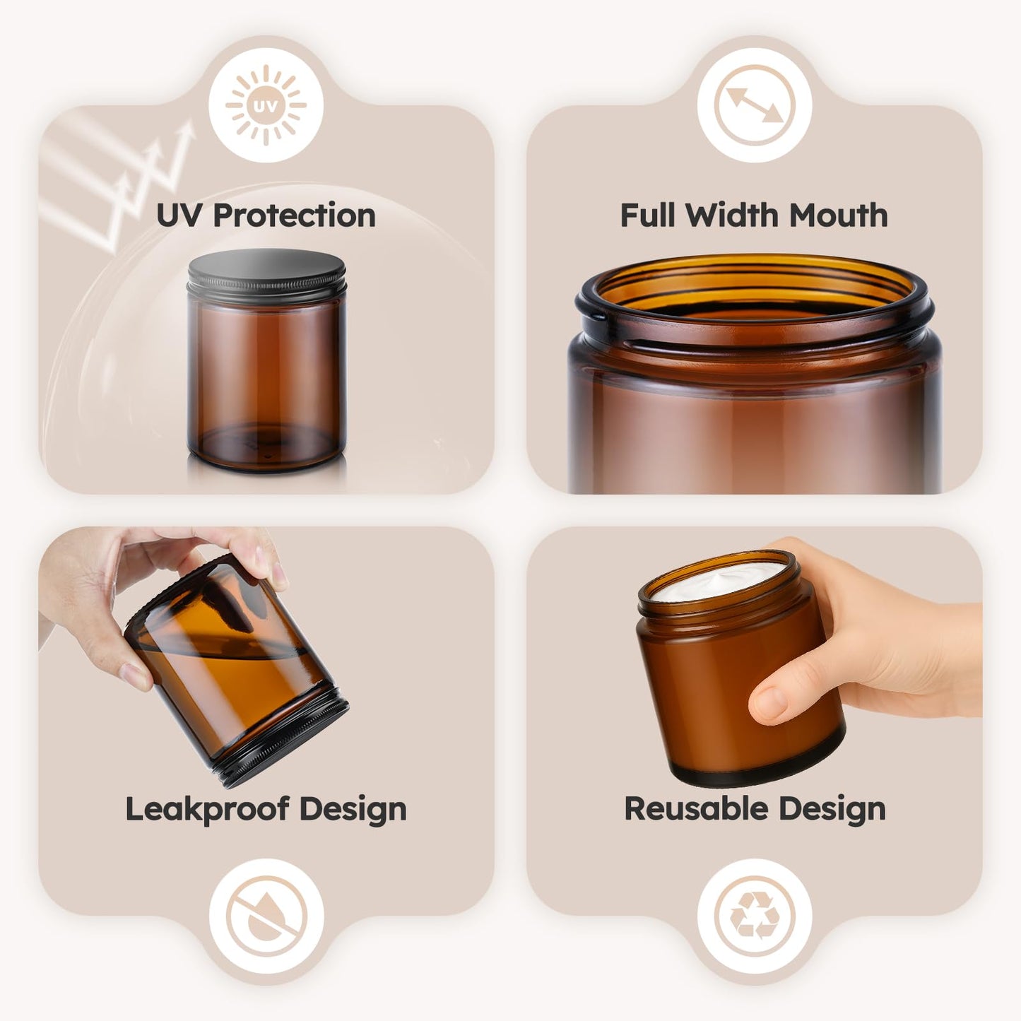 8 oz Amber Glass Jars with Metal Lids, 12 Pack Amber Small Glass Jars with Black Lids, Lotion Container Empty Cosmetic Travel Containers for Sample, Cream, Lotion, Honey, Powder