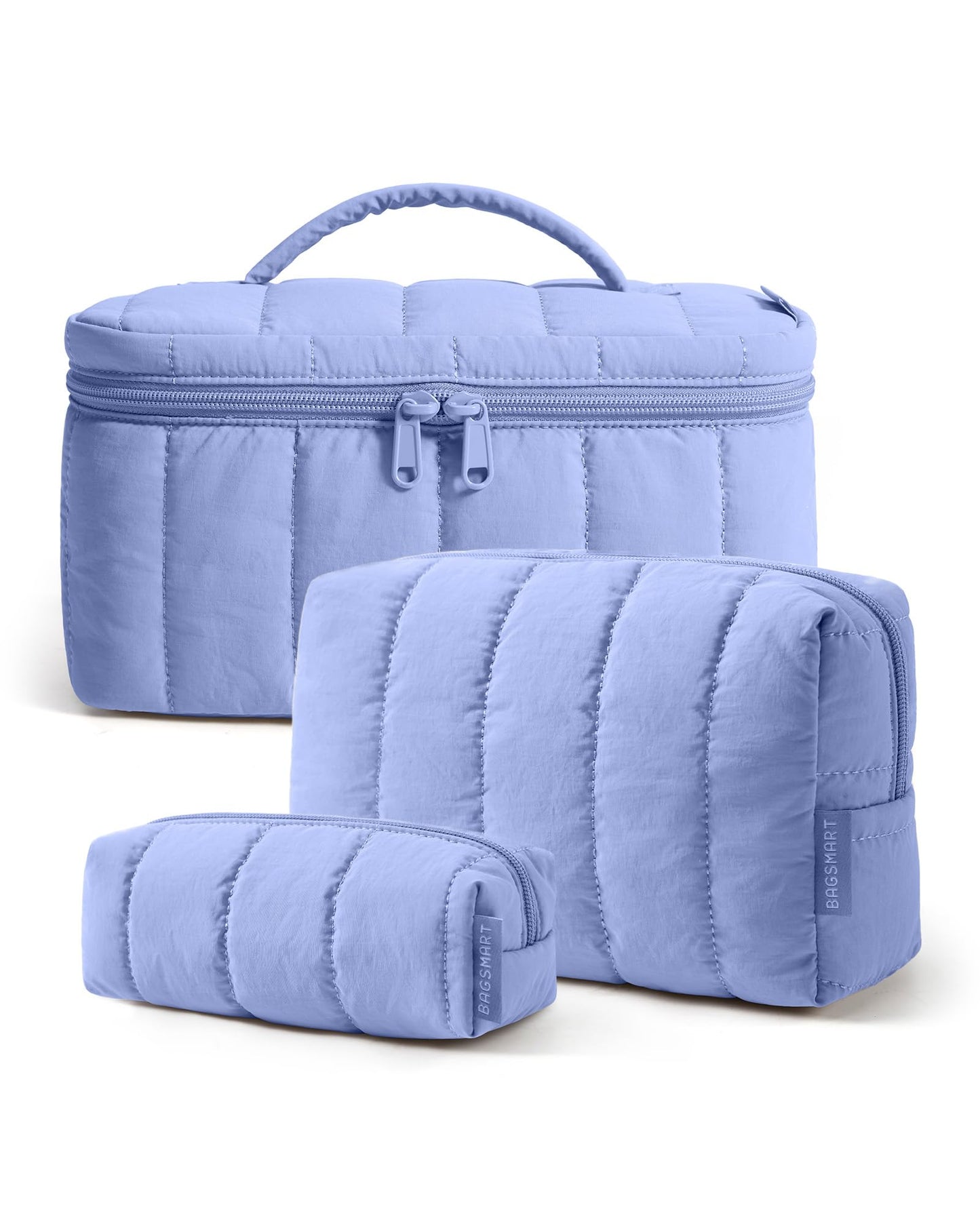 BAGSMART Travel Makeup Bag for Women, 3 Pcs Puffy Padded Cosmetic Organizer Bag, Large Toiletry Case and Small Purse Pouch for Gym, Work, Girls (Purple)