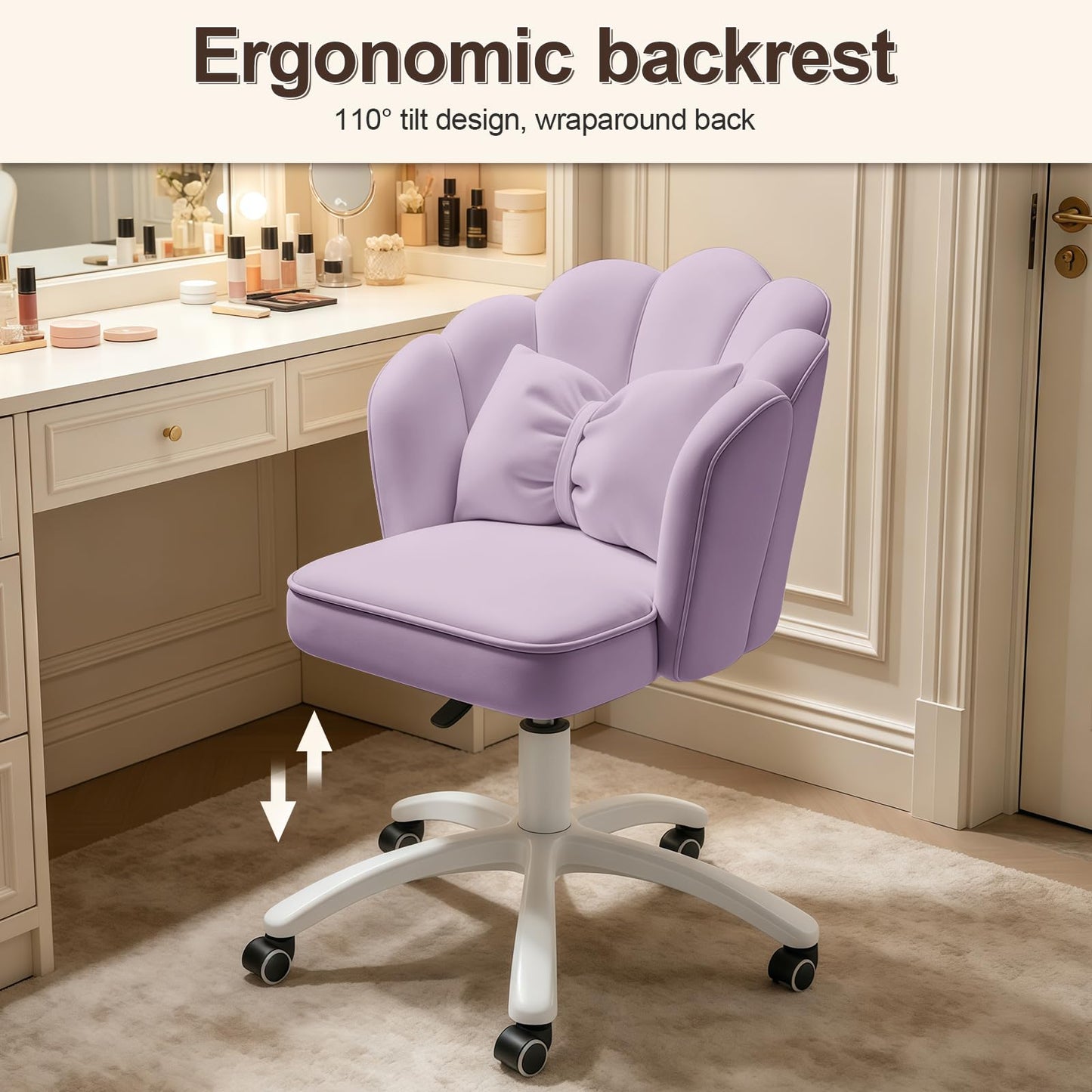 XUEGW Petal Desk Chair with Bow Cushion Velvet Vanity Chair with Wheels, Upholstered Home Office Chair for Girls Women, Mid-Back Swivel Computer Task Chairs for Living Room Bedroom