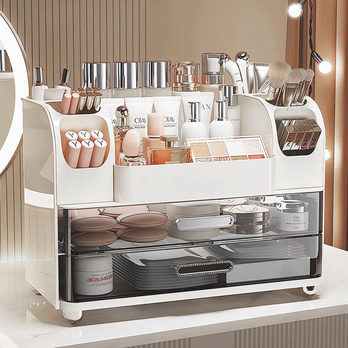 Makeup Organizer with Drawers for Vanity,Bathroom Countertop Organizer with Brushes Holder,Skincare Storage Organizer,Perfect Cosmetic Display Case for Skincare,Lipstick and Beauty Essential (White)