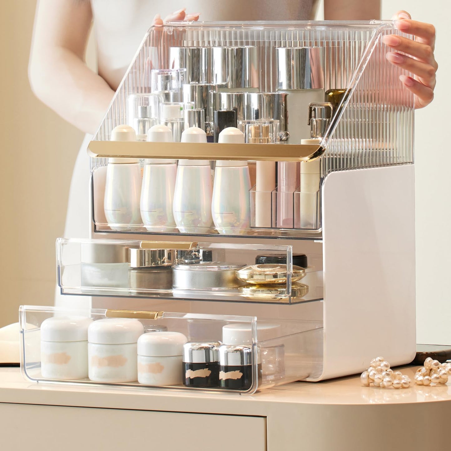 Omeily Large Makeup Organizer Countertop Vanity Organizer Cosmetic Organizer Makeup Storage Box Bathroom Counter Organizer Perfume Skincare Organizers Gift Women Girls Clear Design Easy Visibility