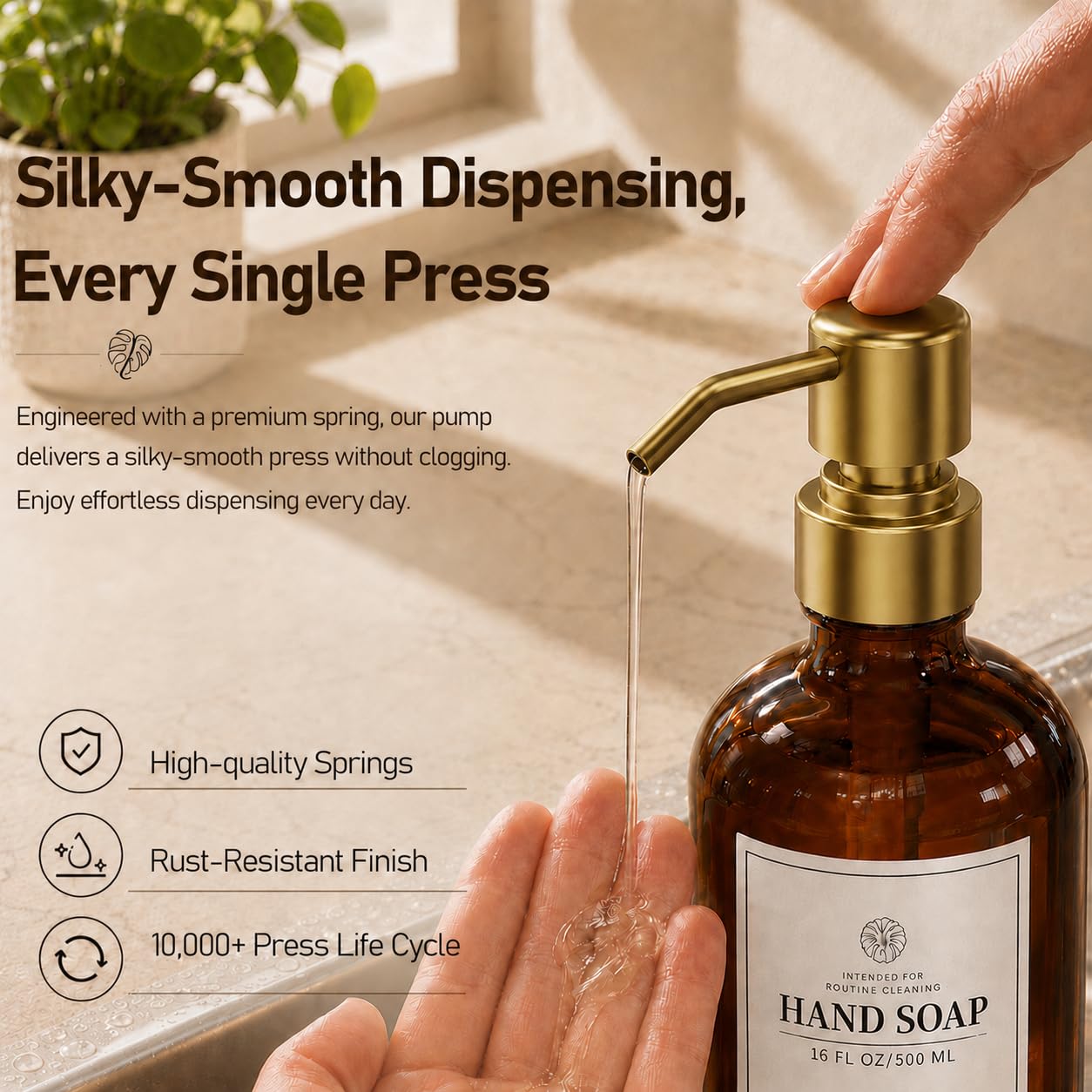 Fachixy Amber Glass Soap Dispenser (2 Pack), 16 Fl Oz Hand & Dish Soap Dispenser Bottles Set with Rust-Resistant Stainless Steel Pump, Non-Slip Pad, 14 Waterproof Labels for Kitchen and Bathroom