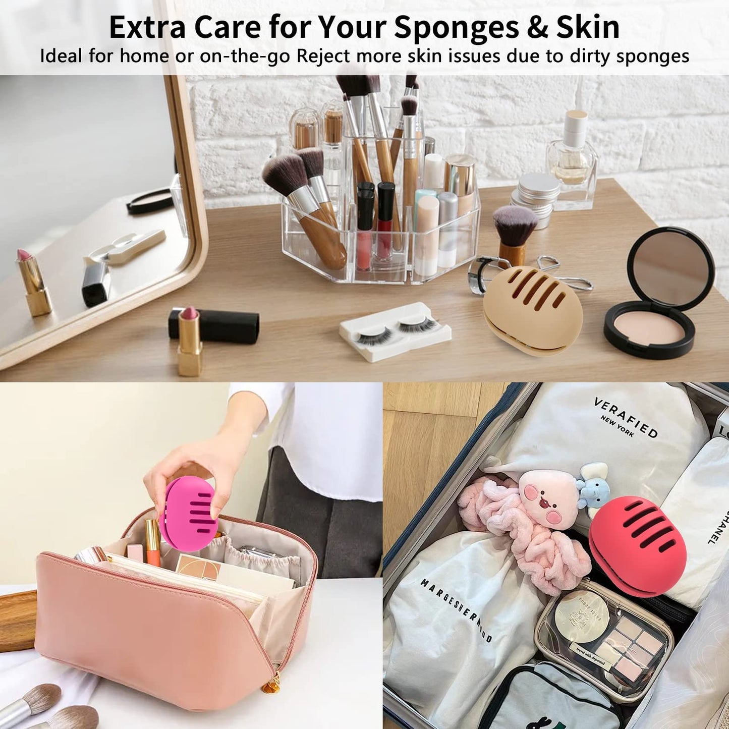 Fauxomor Makeup Sponge Holder,4PCS Double-sided Breathable Silicone Beauty Make Up Blender Case for Travel,Shatterproof Makeup Sponge Travel Case for All Sponges Easy Carry,Grey+Khaki+Pink+Pink