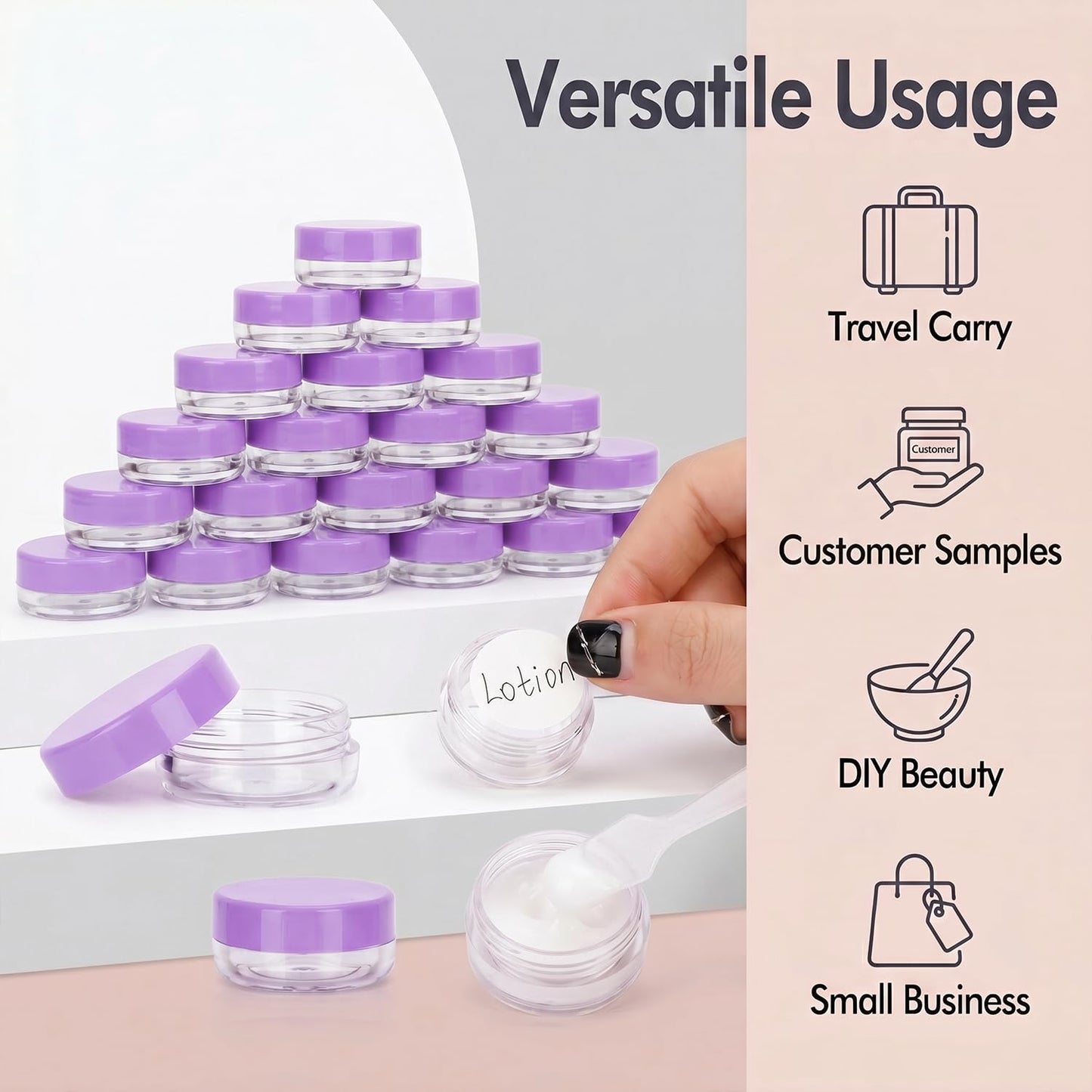 3 Gram Sample Containers with Lids, 100 Count Tiny Sample Jars, Empty Lip Balm Containers, Mini Cosmetic Container with Lids, Makeup Travel Container with Labels, Mini Disposable Spatulas