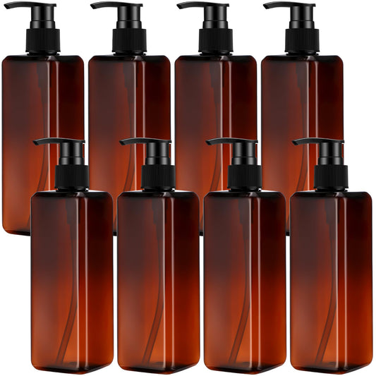 Didaey 8 Pcs Amber Plastic Bottles with Pump 16 oz Refillable Shampoo Dispenser Empty Body Wash Soap Conditioner Lotion Bottles for Bathroom, Kitchen Sink, Hotel, Salon, Cosmetic