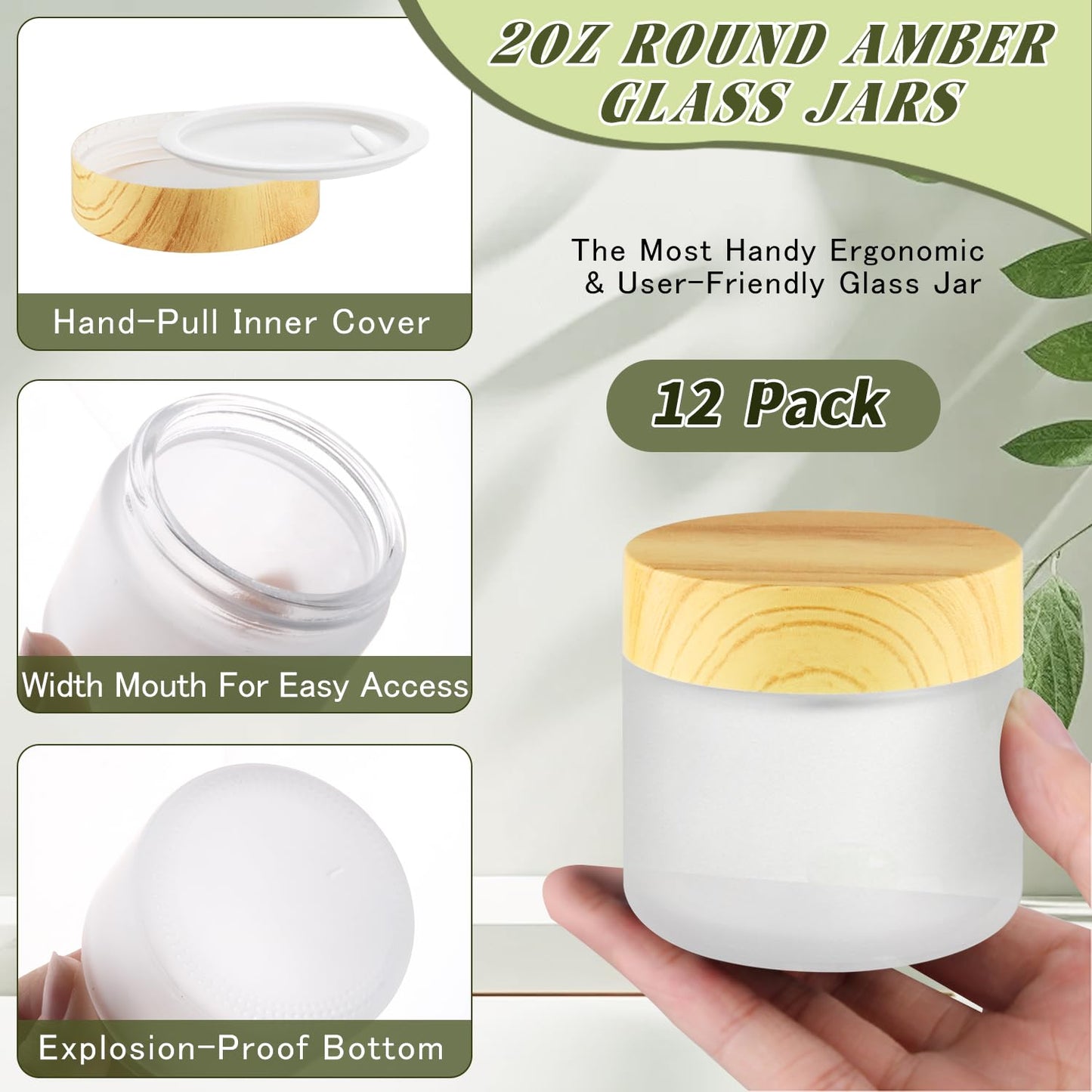 DMuuuDM 12 Pcs 2 Oz Frosted Glass Jar,Empty Refillable Glass Cosmetic Container Jars Holder with Inner liner,Plastic Lid for moisturizer,Foundation,Body Butter Oil,Ointment,Spices (White)