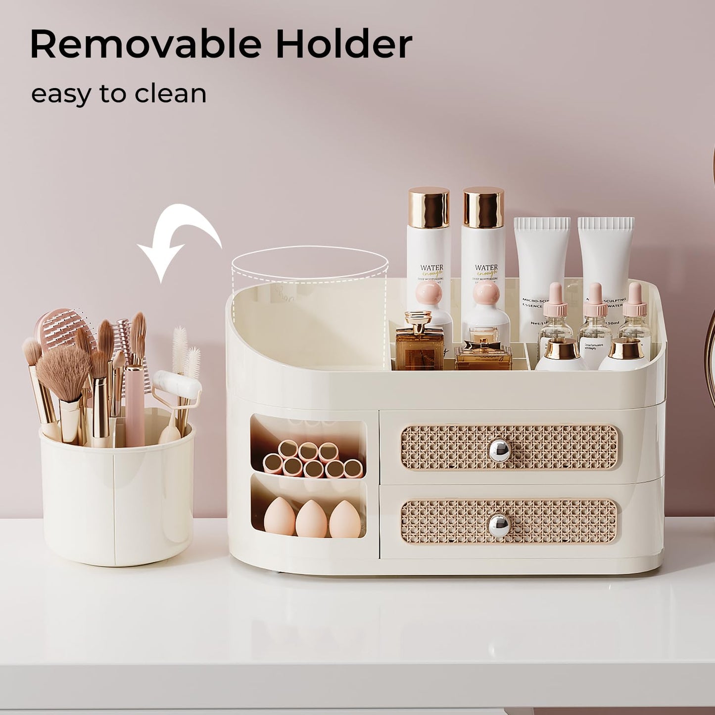 UFORU Makeup Organizer with Rotating Brush Holder, Bathroom Countertop Organizer with 2 Drawers, Easy to Store Hair Brush, Lipsticks, Perfumes, Skincare, Beige
