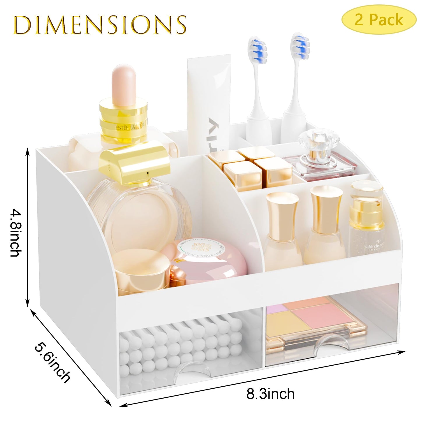 Makeup Organizer with 2 Drawers, Cosmetic Storage for Dresser Vanity and Bathroom Countertop,Make up organization and Skincare Storage with Beauty Brush Holder, Cosmetic Display Case 2Pcs White