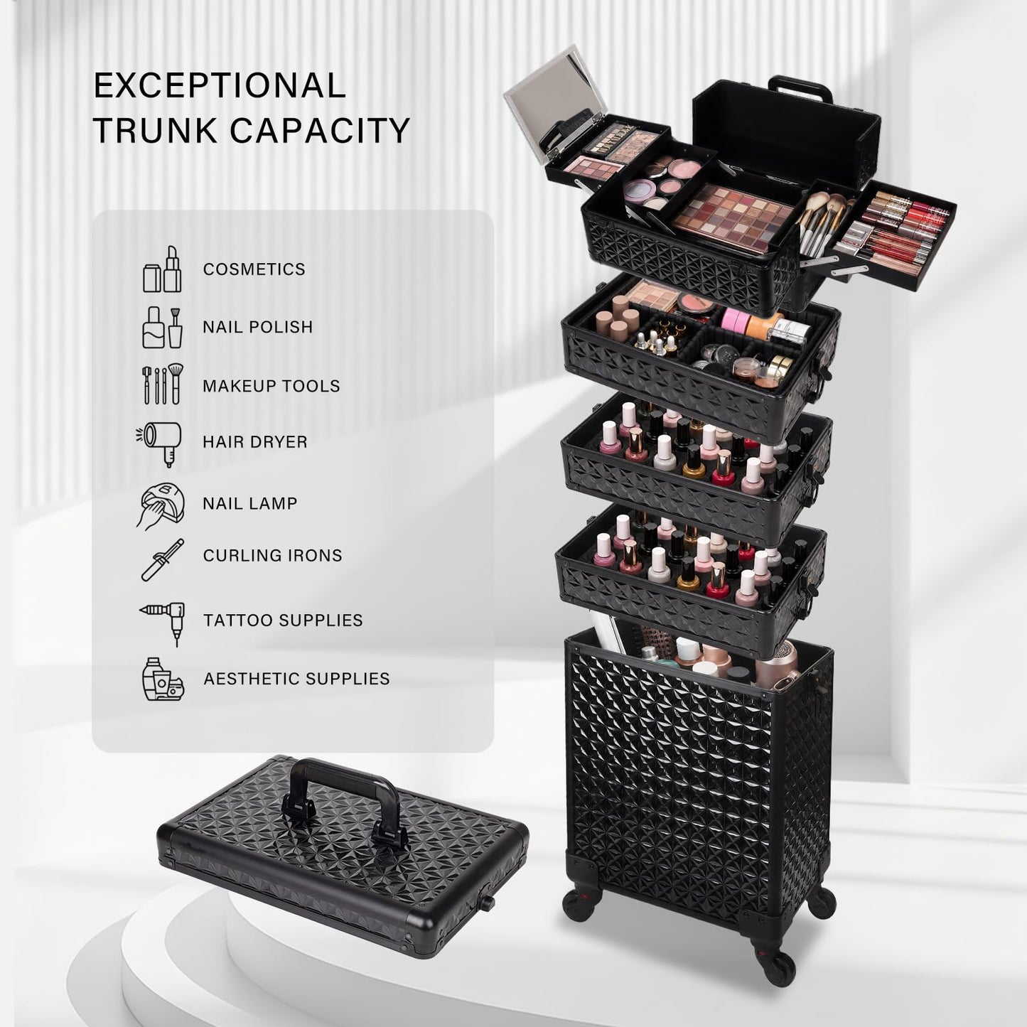 Rolling Makeup Train Case 6 in 1, Professional Cosmetic Trolley for Woman