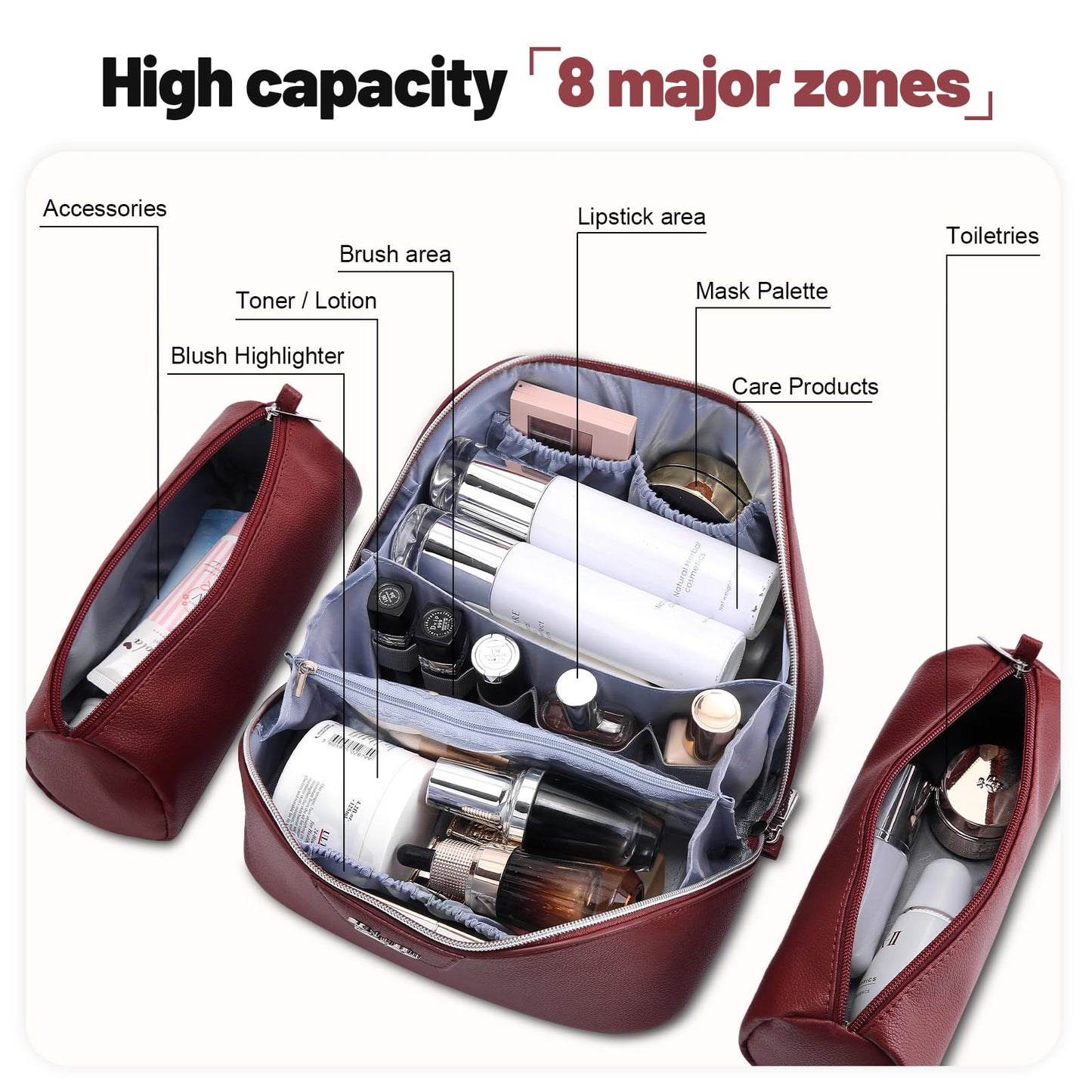 BOYATU Travel Makeup Bag Cosmetic Bags for Women: Large Capacity 3 Pcs Set Make up Bag with Compartments - Waterproof Vegan Leather Toiletry Organizer Bags with Handle (L29Red)