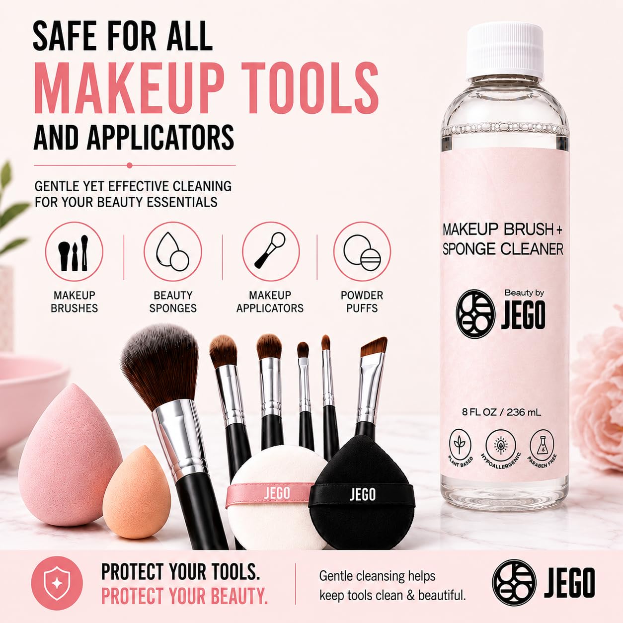 JEGO Makeup Brush Cleaner Solution - Sponge Cleaner - Make Up Brush Liquid Cleanser - Hypoallergenic & Plant-Based Solution Removes Makeup, Dirt, & Oil - 8 Oz (1 Bottle + Bowl)