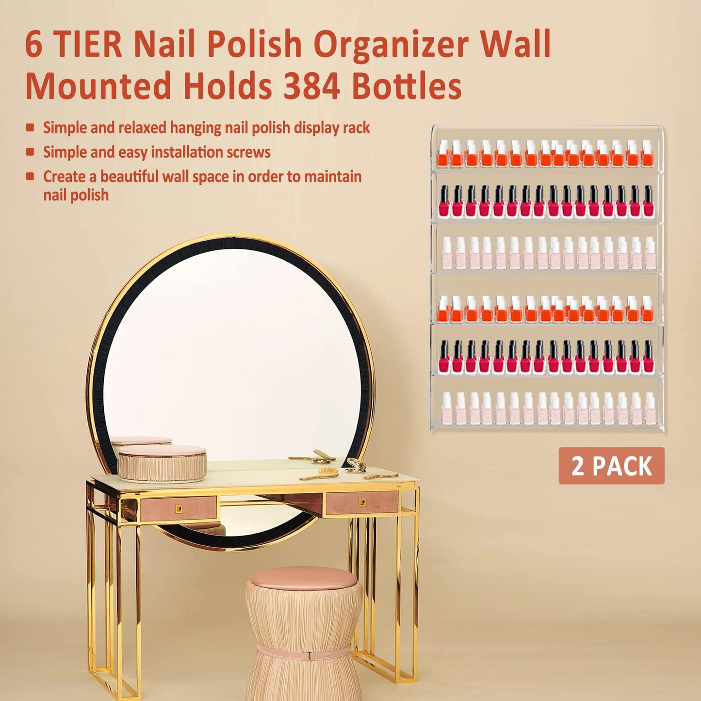 Yaeccc 2 Pack Acrylic Nail Polish Rack,20 * 27 Inch Hold Up to 384 Bottles, 6 TIER Nail Polish Organizer Wall Mounted,Nail Polish Organizer(3 Inch Deep)