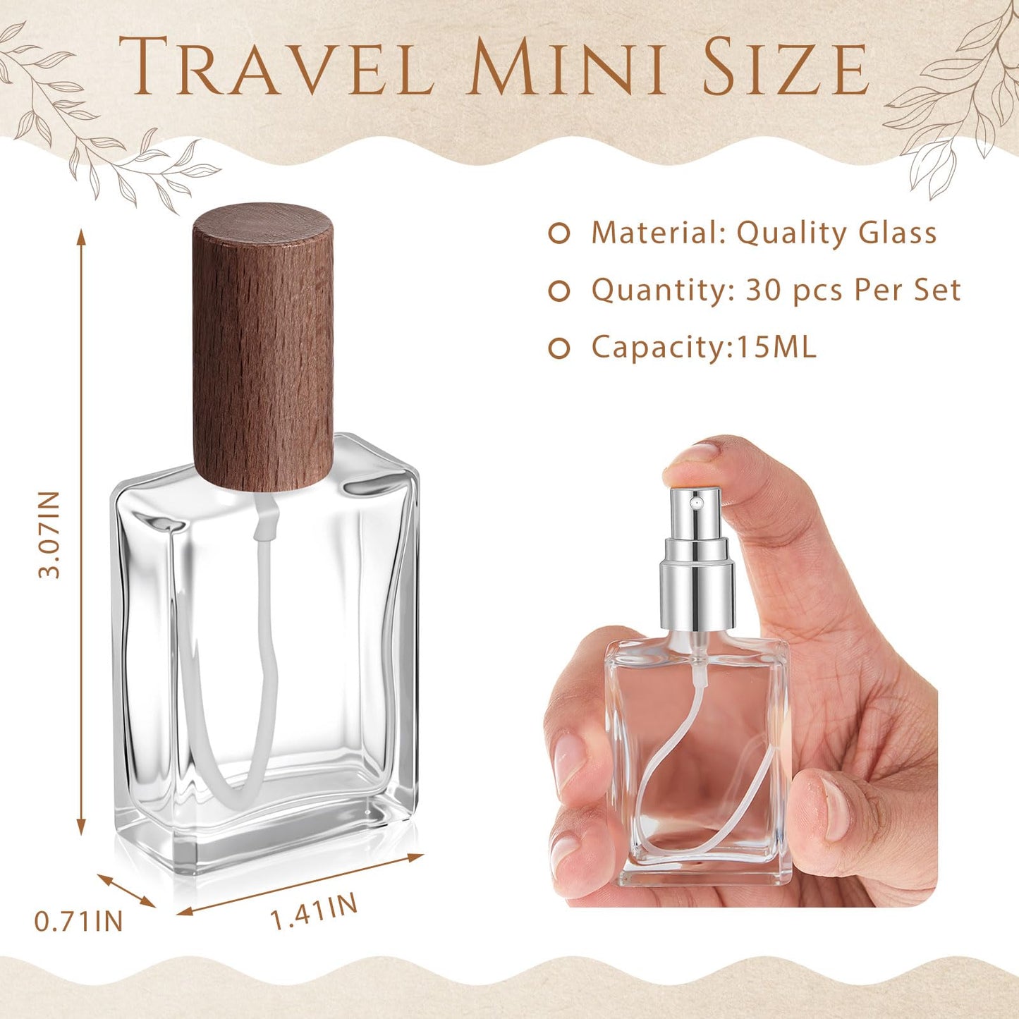 Domensi 30 Pcs 10/15/30/50 ml Glass Square Perfume Bottles Mini Glass Empty Spray Atomizer Bottles Bulk Refillable Perfume Dispenser Container with Pump Tool for Travel (15 ml,Dark Woddy Color)