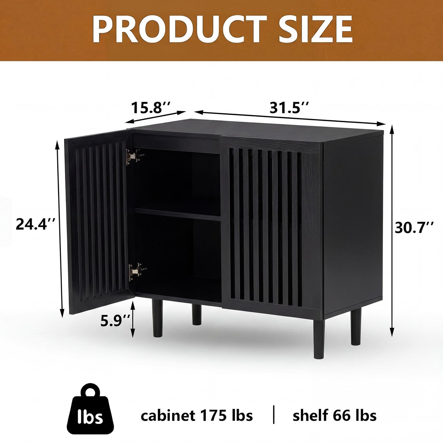 CHUWELL 31.5" Farmhouse Buffet Cabinet with Storage, Modern Black Sideboard Coffee Bar Cabinet with Grille-Striped Doors & Adjustable Shelf, Accent Storage Cabinet with Solid Wood Feet for Dining Room