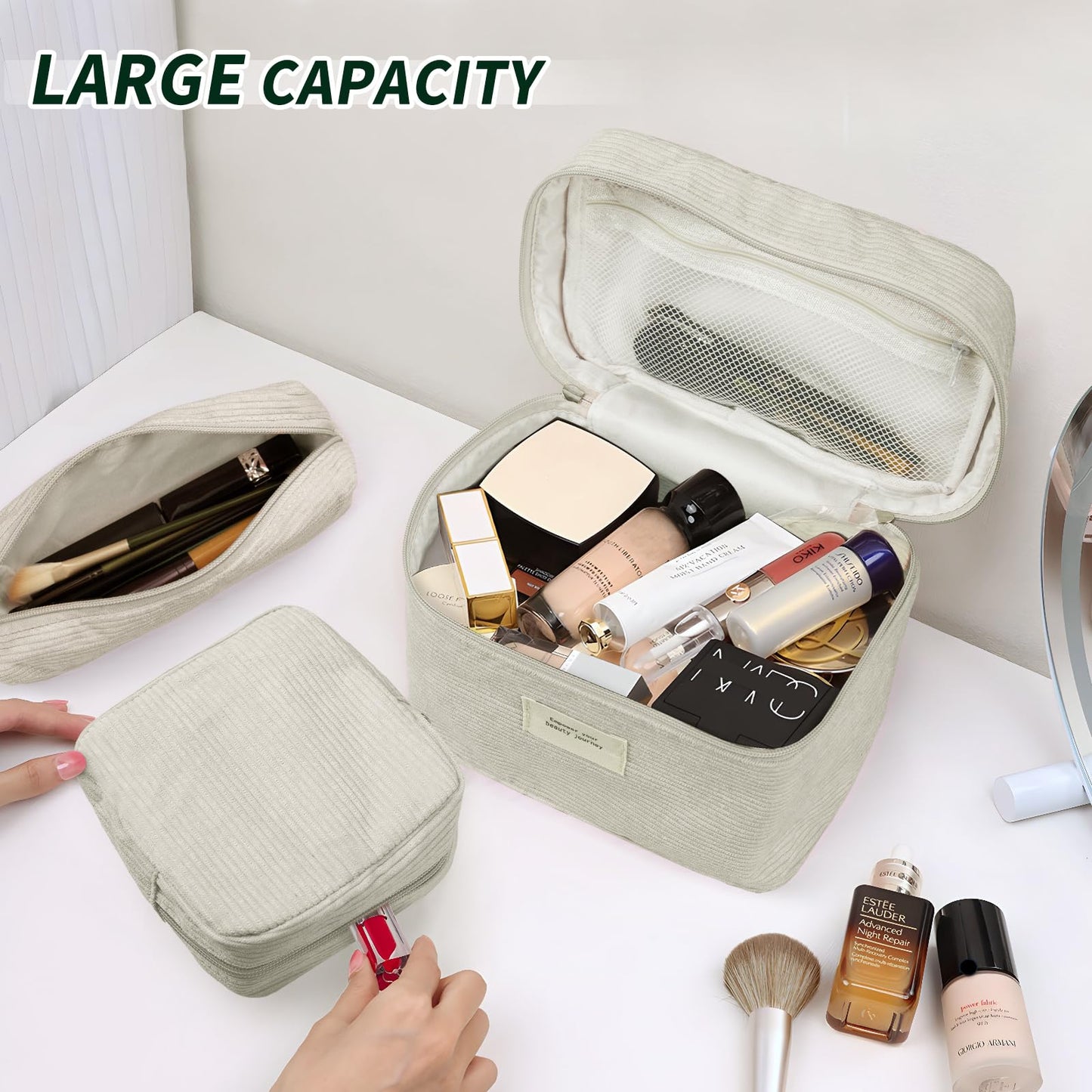LVWNM 4 Pcs Makeup Bag for Women Corduroy Cosmetic Bag Aesthetic Cute Bags Multi Size Purse Pouch Travel Toiletry Bag Set Makeup Organizer with Zipper(Beige)