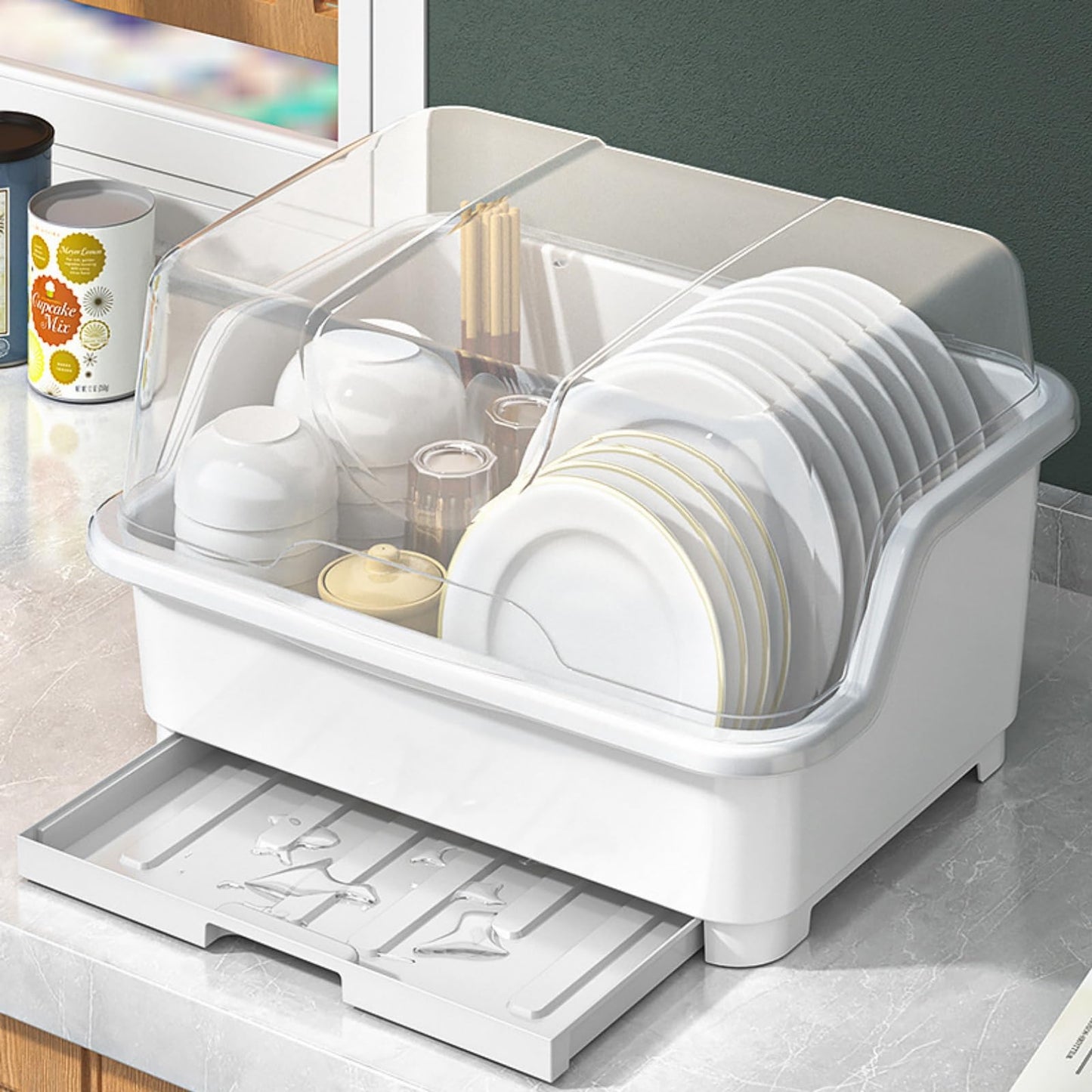 Acshio Dish Drying Rack, Plastic Plate Cup Dryer Holder with Lid Removable Drainboard, Cutlery Utensil Dish Nursing Bottle Organizer for Tableware, Kitchen Cabinet