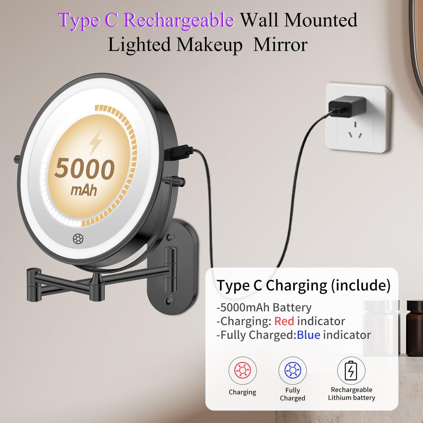 FUNTOUCH 20X/3X Rechargeable Wall Mounted Makeup Vanity Mirror with Lights, Double Sided Magnifying Wall Mount Mirror,3 Color Lighting, Touch Screen Dimming,Extension Arm 360 Rotation Wall Mirrors