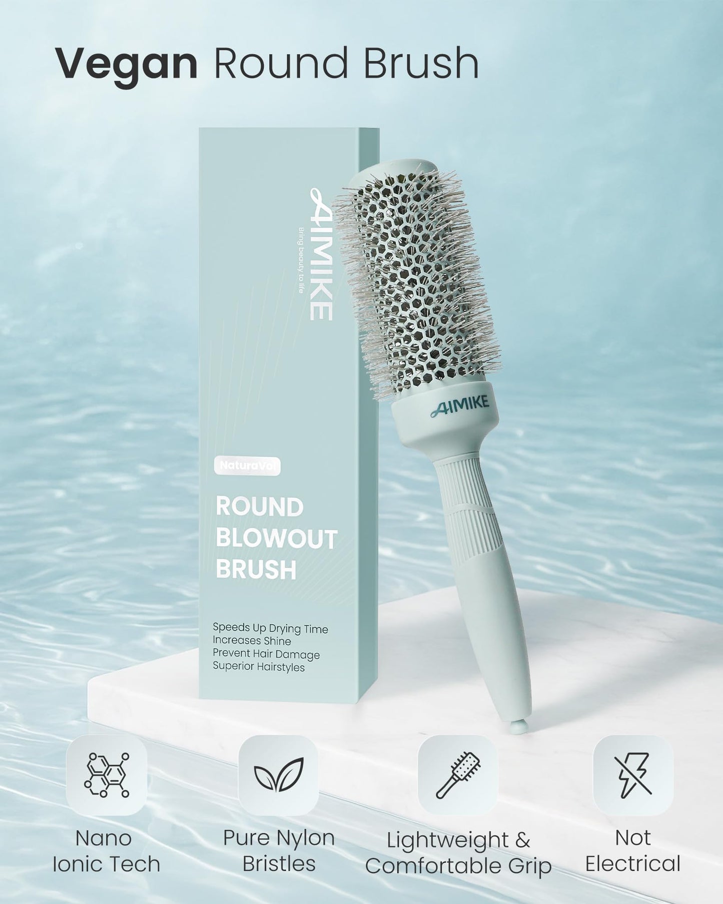 AIMIKE NaturaVol Round Brush for Blow Out, Round Hair Brush Nano Thermal Ceramic & Ionic Tech, for Blow Drying & Salon-like Styling at-home, Maximum Volume Shine - 1.7” Barrel, 2.5” w/Bristle