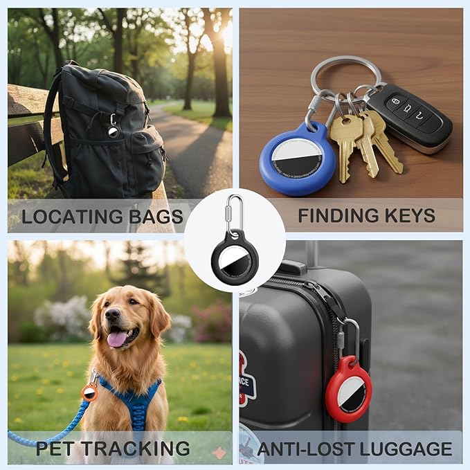 [4 Pack] for Apple for AirTag Holder, PC Shell Case with Secure Carabiner Clip, Shock-Resistant for Air Tagholder Keychain for Keys, Bags, Luggage, Pets, Backpacks, Black/Blue/Orange/Red