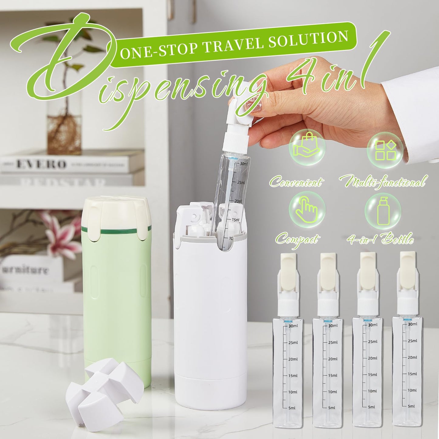 Chefensty 4 in 1 Travel Dispenser Bottle,Refillable Leak Proof and Portable for Shampoo, Conditioner, Shower Gel & Toiletries - Perfect for Vacation, Camping & Gym (4pcs)