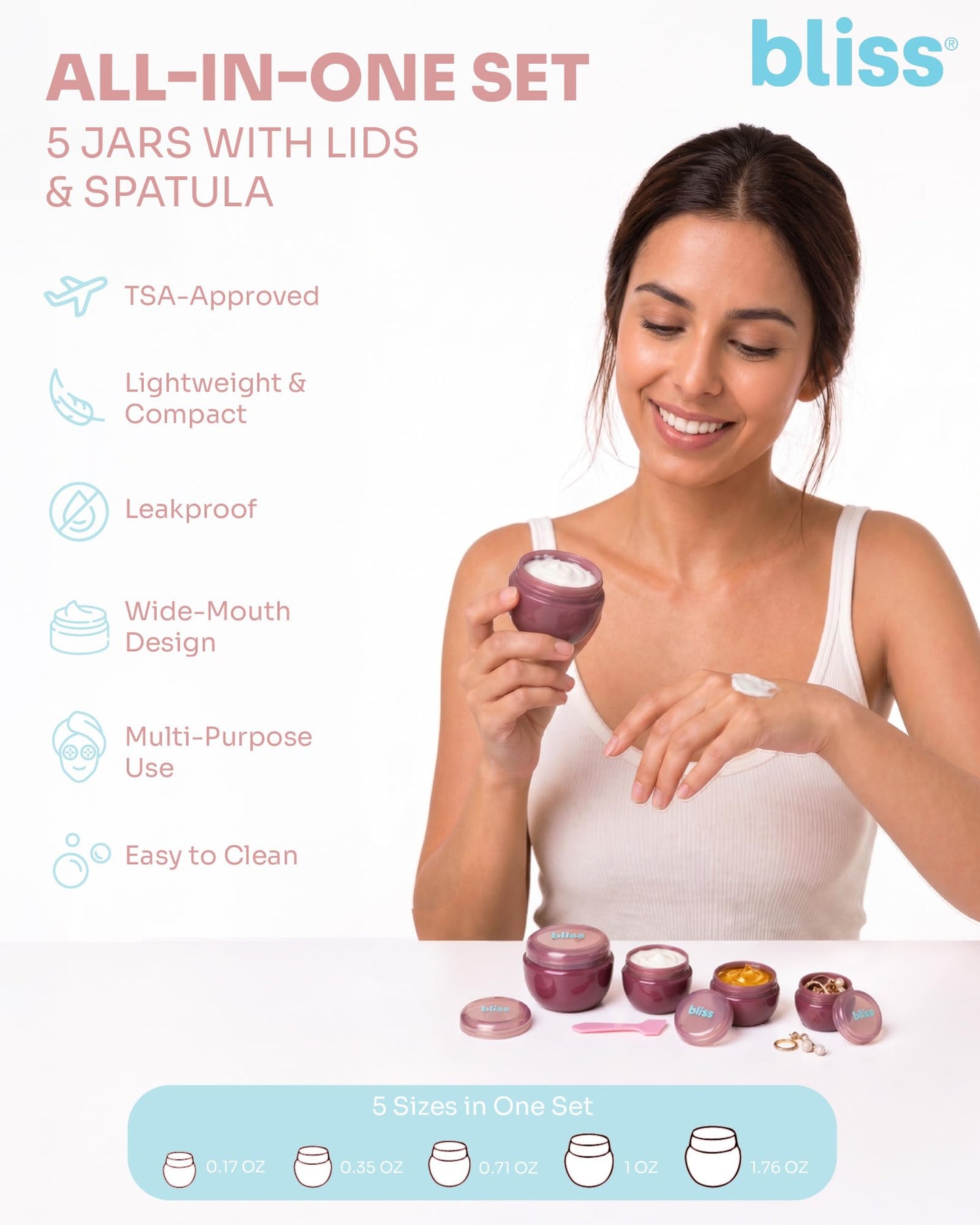 Bliss Travel Containers - 5 Pack Leak Proof Tapered Jar Set with Lid and Spatula - Small Travel Size Containers for Creams Lotions Skincare, Size Onesize, Pink Gaze