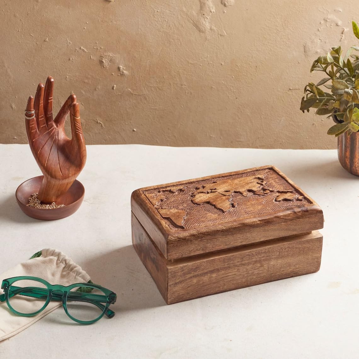 S.B.ARTS Premium Wooden Mini Jewellery Box World Map Design-Trinket Box for Ladies-Jewellery Storage Case-Antique Look-Traditionally Handcrafted Keepsake Box Jewellery Organiser Golden Brown