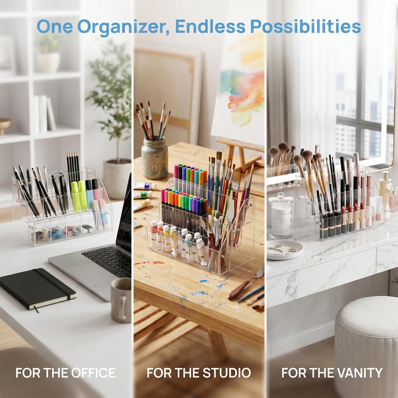 STOBAZA Pen Holder Display Stand 3-Tier Acrylic Marker Organizer with 15 Slots Clear Pencil and Art Supply Storage for Office Desk and School 10.43 X 7.28 X 5.51 Inches