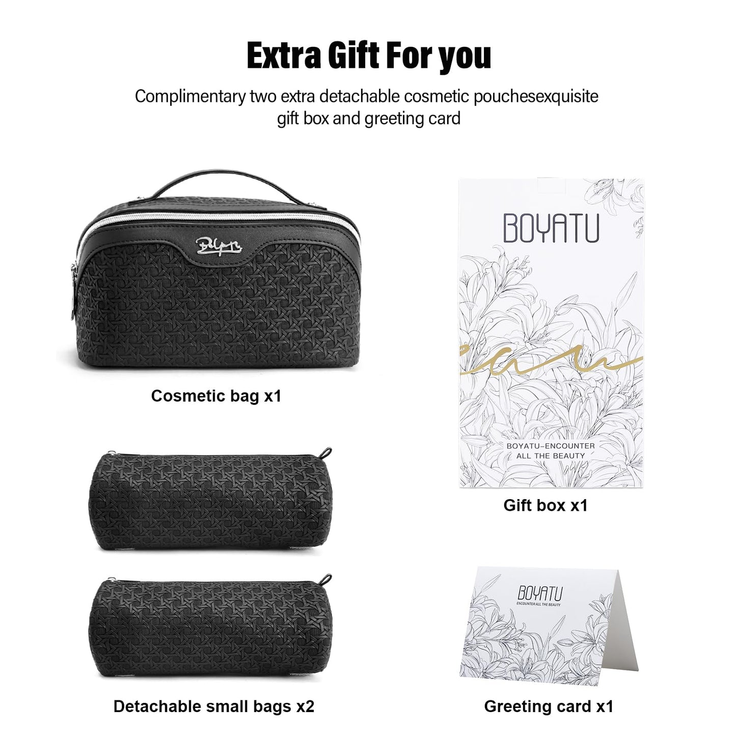BOYATU Travel Makeup Bag Cosmetic Bags for Women: Large Capacity 3 Pcs Set Make up Bag with Compartments - Waterproof Vegan Leather Toiletry Organizer Bags with Handle (M-71Black)