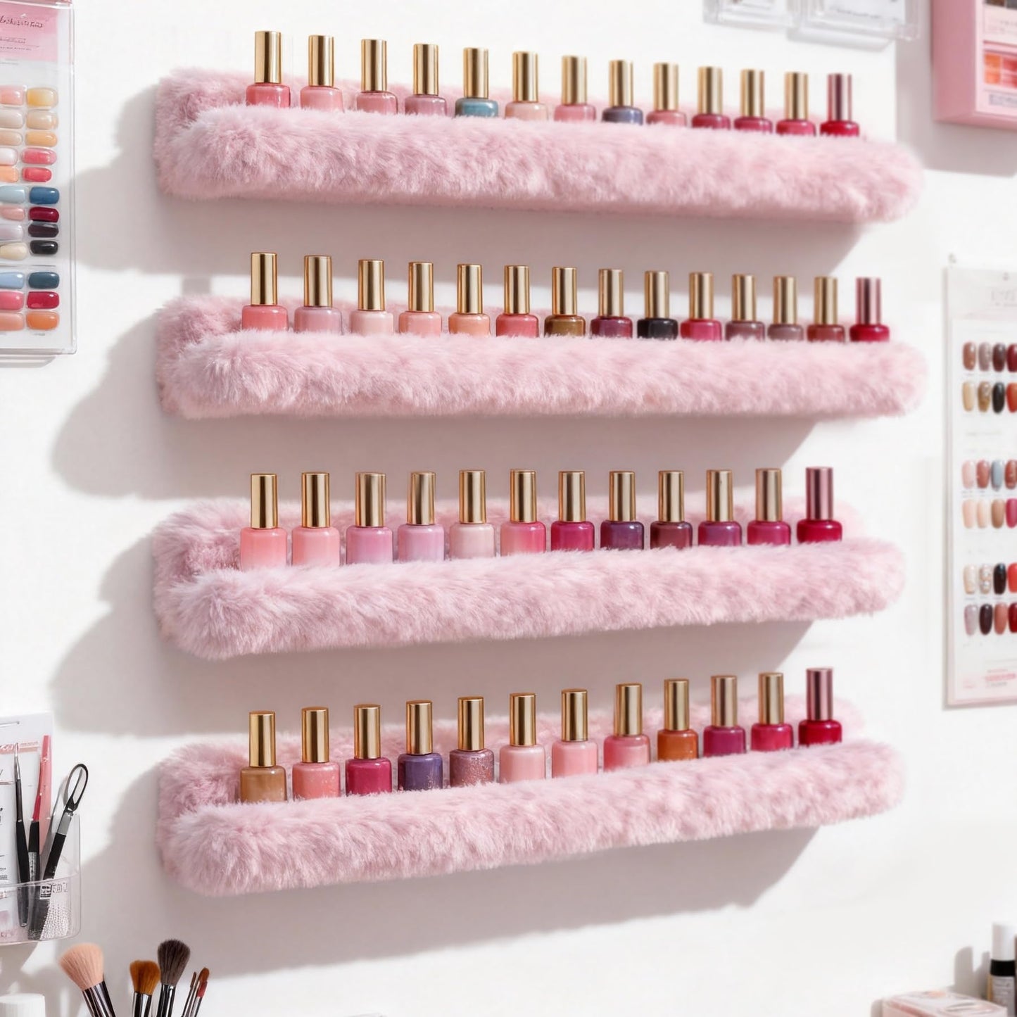 YMVV Nail Polish Wall Shelf - 15-Inch Furry Plush Display & Organizer Rack, Holds 60+ Polishes, Soft Ledge for Bedroom, Bathroom, Salon - Protects Bottles from Scratches，6 Pack Pink