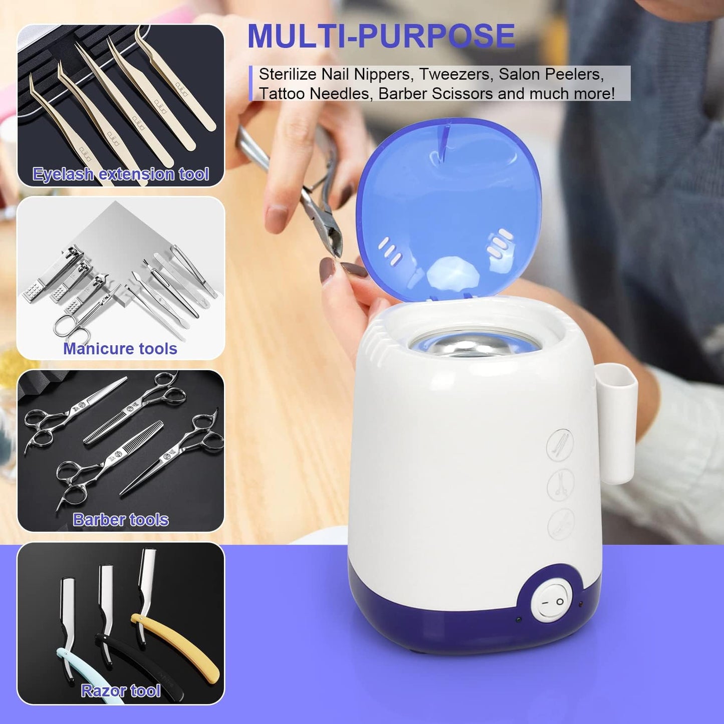 GoLashFun Nail Tool SterilizerCleaner Machine,High Temperature Cleaning Nail Tool Cleaning Pot for Manicure Nail Salon Nipper Hair Cutting Scissors Cleaning Equipment (Blue with Storage Container)