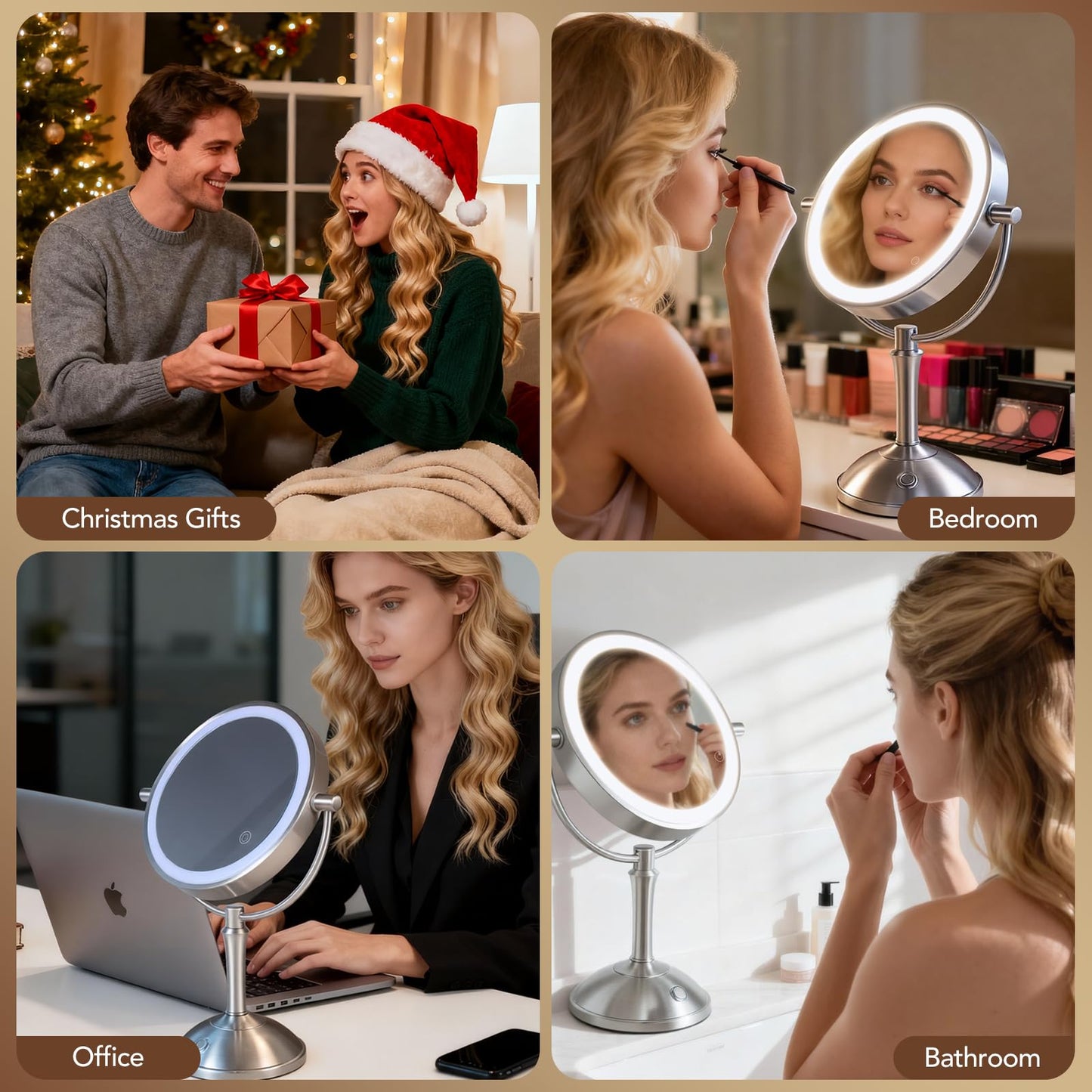 PJE Vanity Mirror with Lights,360 Mirror Magnifying Mirror with Light 10X,3 Light Settings Rechargeable Makeup Mirror,Dimmable Touch Control Tabletop Makeup Mirrors with Lights for Home,Hotel & Salon