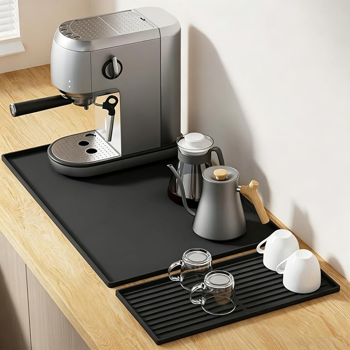 Silicone Coffee Mat, 24''x16'' Bar Mat with Detachable Dish Drying Mat,Non Slip Machine Pad,Fits Under Coffee Maker and Dish Rack,comes with a practical coffee mat cleaning brush(Black)