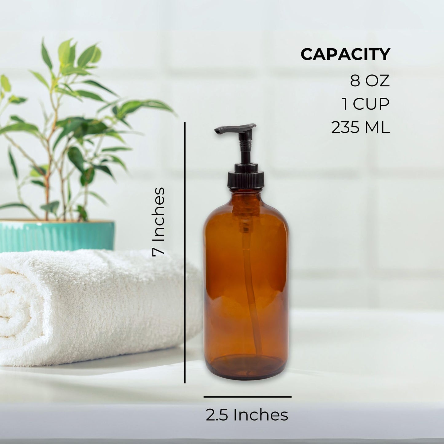 Cornucopia Brands 8oz Glass Pump Bottles (Pack of 4, Amber Brown) Lotion Soap Dispensers w/Black Plastic Pumps