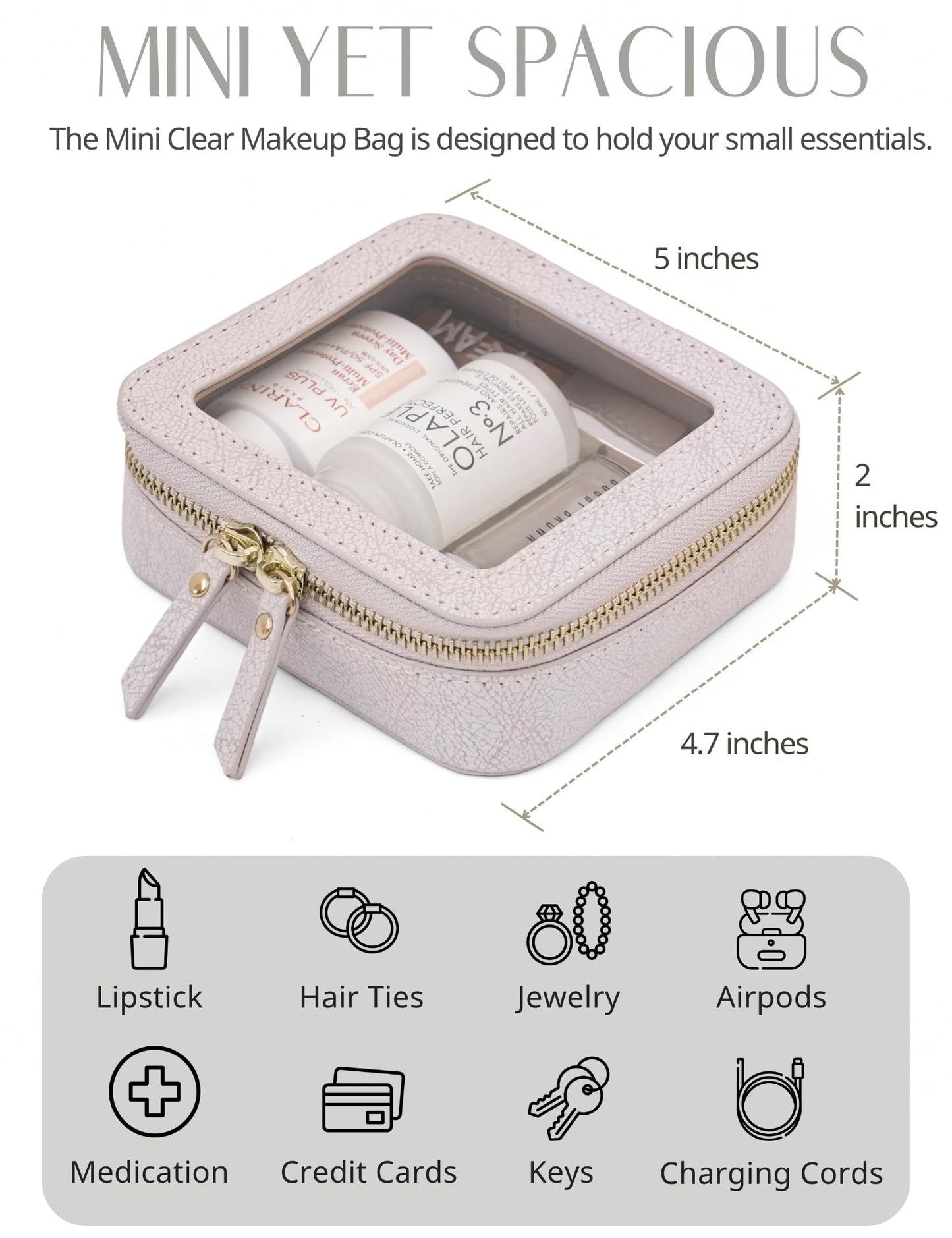 Popvibe Clear Makeup Bag Travel Cosmetic Case Transparent Toiletry Bag with Zipper, Portable Make Up Organizer Traveling Compact Car Bag for Essentials, Light Pink, Mini