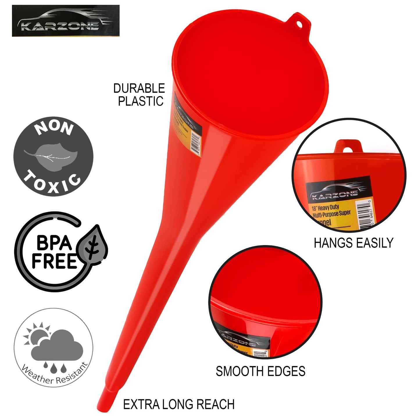 KarZone Long Neck Funnel, Oil Funnels for Oil Change, Long Funnels for Transmission Fluid, Automotive Funnel for Gas & Lubricants (12.0 Fluid Ounces, Red)