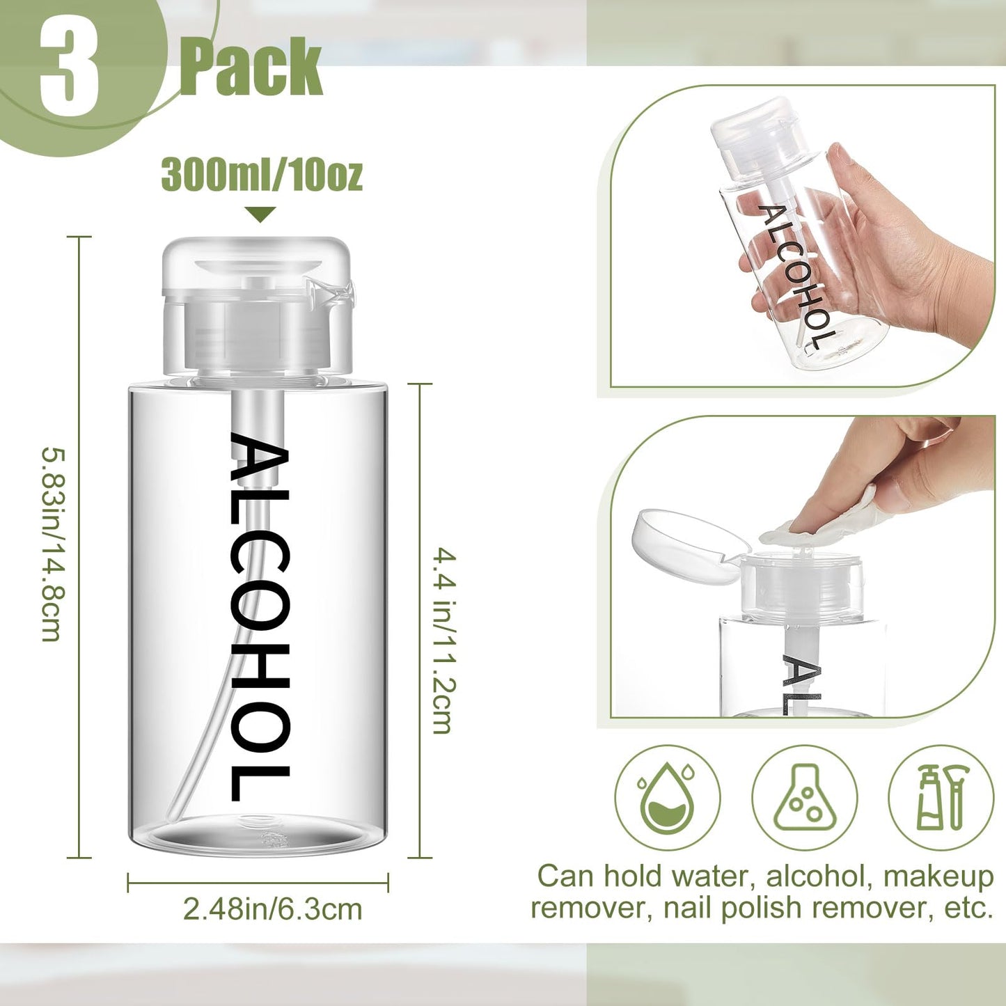 Layhit 3 Pcs 10 oz Alcohol Pump Dispenser Bottles Alcohol Push Down Liquid Dispenser Empty Pumping Bottle Refillable Cosmetic Container for Personal, Salon, Nail Care (Clear Cap + Clear Bottle)