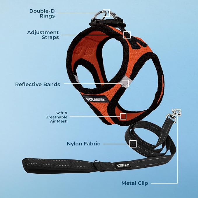 Voyager Step-in Air All Weather Mesh Harness and Reflective Dog 5 ft Leash Combo with Neoprene Handle, for Small, Medium and Large Breed Puppies by Best Pet Supplies - Orange/Black Trim, Medium