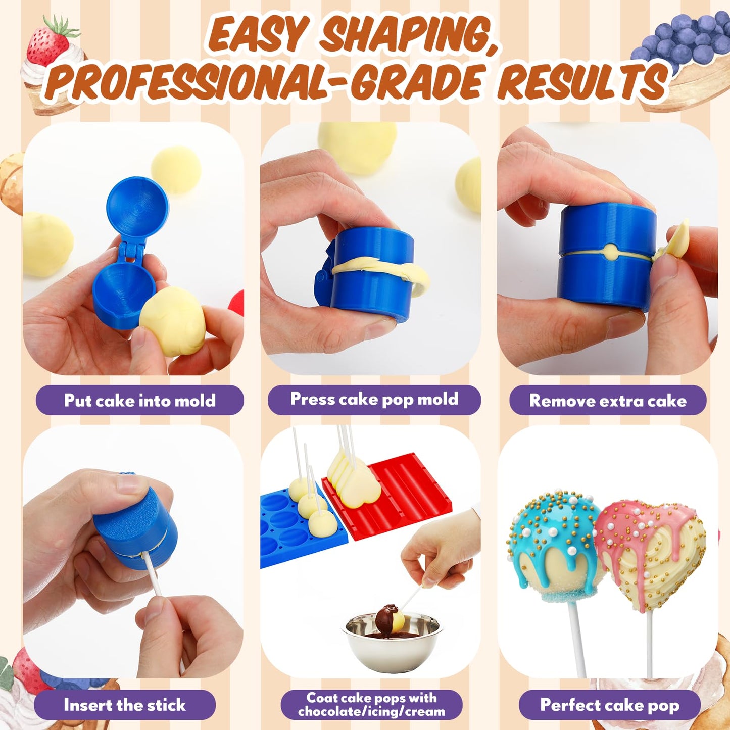 Yiyiring 2 Pack Round and Heart Cake Pop Mold Press Set with Display Stand-capable Tray, Circle Cake Pop Cutter and Pusher, Baking Tools Accessories for Home Baking, Parties, Wedding Desserts